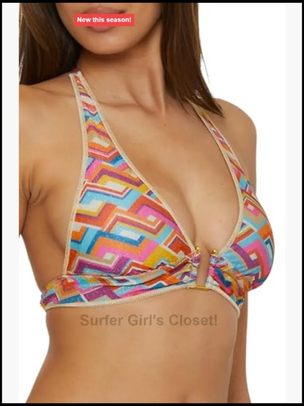Halter Bikini Top Adjustable Tie Back Metallic Sheen Removable Cups